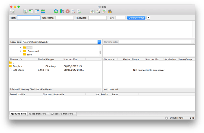 Screenshot of the user interface of Filezilla FTP application. Host input has focus.
