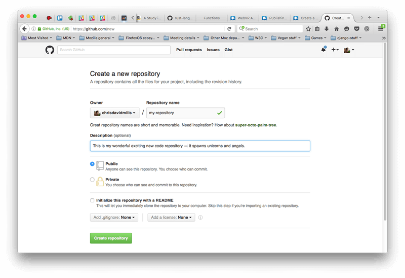 在瀏覽器中開啟的新儲存庫頁面，儲存庫所有者輸入和儲存庫名稱已填寫，可選描述輸入也是如此。已選中公共複選框，未選中私有複選框，使用自述檔案初始化此儲存庫也是如此。
