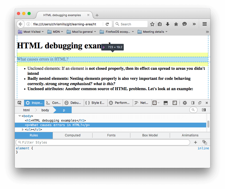 Firefox 中的 HTML 檢查器,突出顯示了我們示例的段落,顯示了文字“What causes errors in HTML?”在這裡你可以看到段落元素已經被瀏覽器關閉了。
