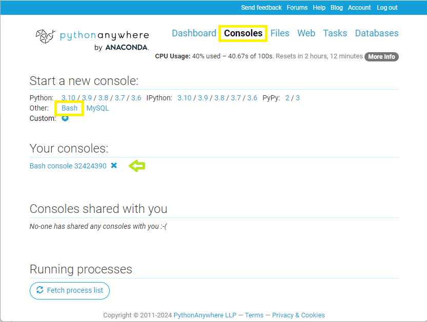 PythonAnywhere 控制檯管理螢幕影像
