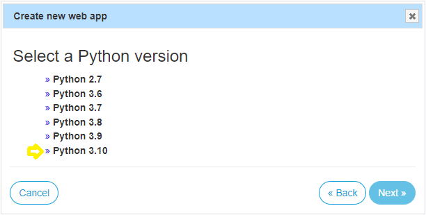 PythonAnywhere 提示，用於選擇 Web 應用程式的 Python 版本