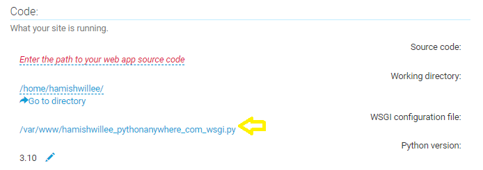 PythonAnywhere Web 選項卡中的 WSGI 檔案，程式碼部分