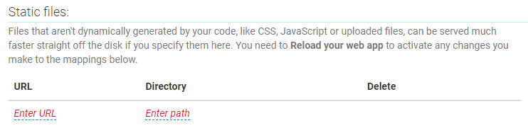 PythonAnywhere Web 選項卡的靜態檔案部分