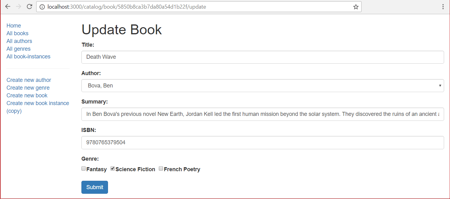The update book section of the Local library application. The left column has a vertical navigation bar. The right column has a form to update the book with an heading that reads 'Update book'. There are five input fields labelled Title, Author, Summary, ISBN, Genre. Genre is a checkbox option field. There is a button labelled 'Submit' at the end.
