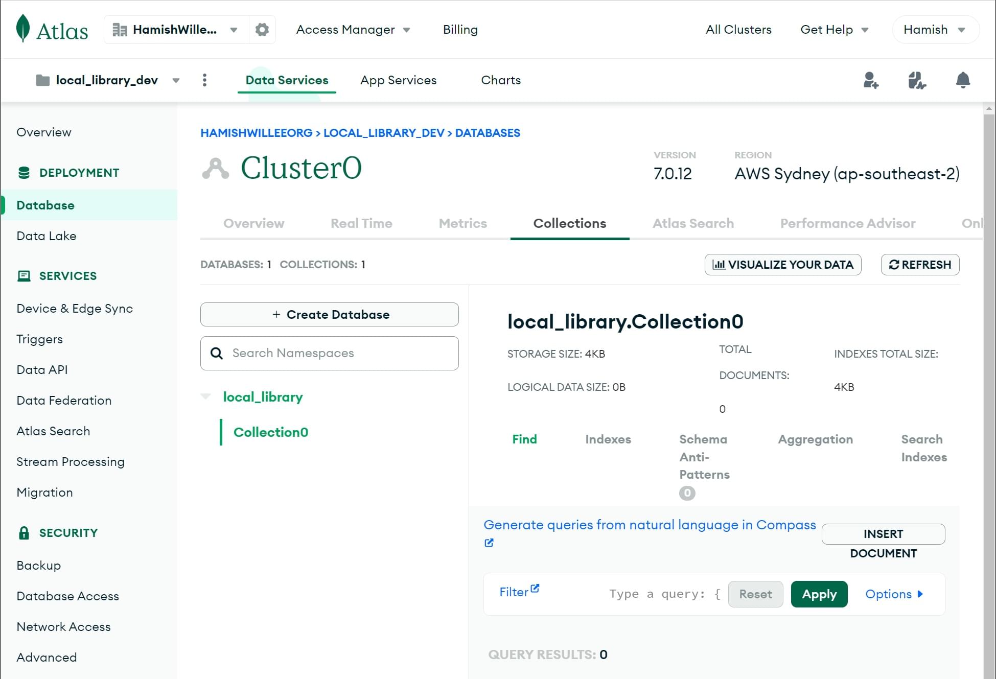 MongoDB Atlas 上的資料庫建立確認。