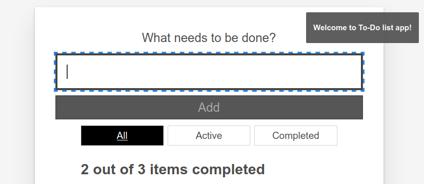 應用程式右上角顯示一個簡單的通知,內容為歡迎使用待辦事項列表應用程式