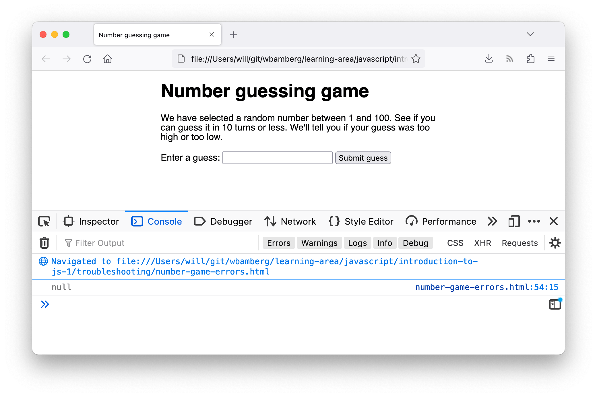 相同演示的截圖。控制檯中可見一條日誌語句，僅顯示“null”。