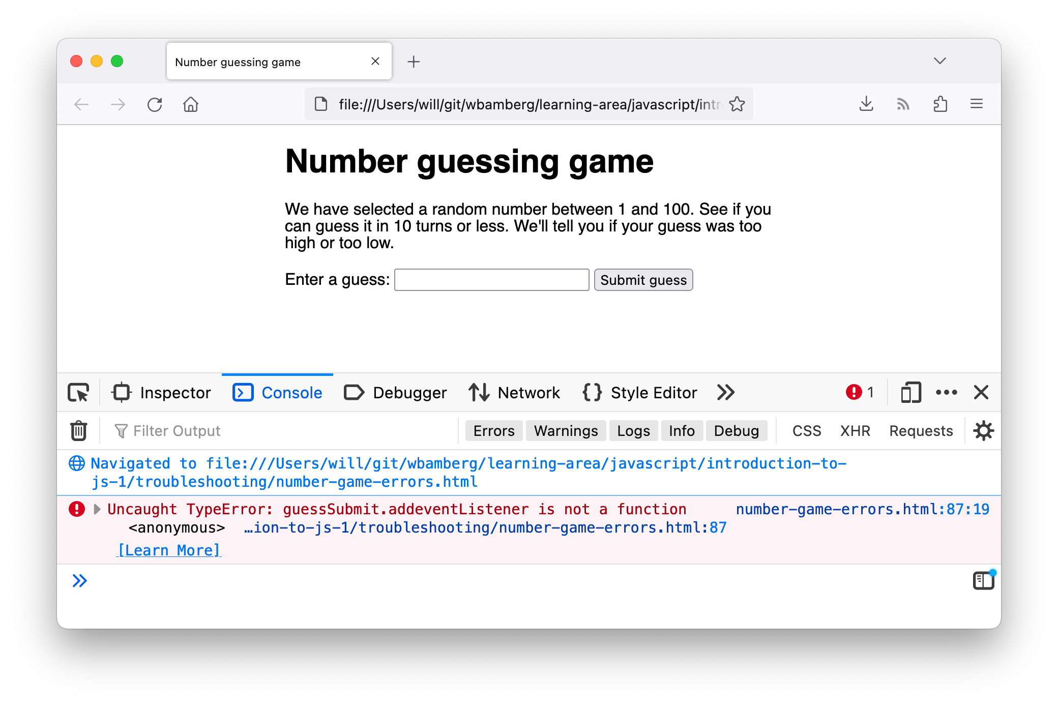 Firefox 中的“猜數字遊戲”演示頁面。JavaScript 控制檯中可見一個錯誤：“X TypeError: guessSubmit.addeventListener is not a function [瞭解更多] (number-game-errors.html:87:19)”。