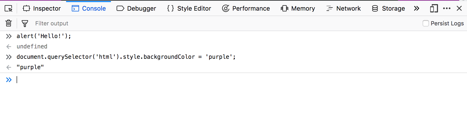 The Console tab of the browser developer tools. Two JavaScript functions have been executed in the console. The user entered functions, and the console displayed the return values.