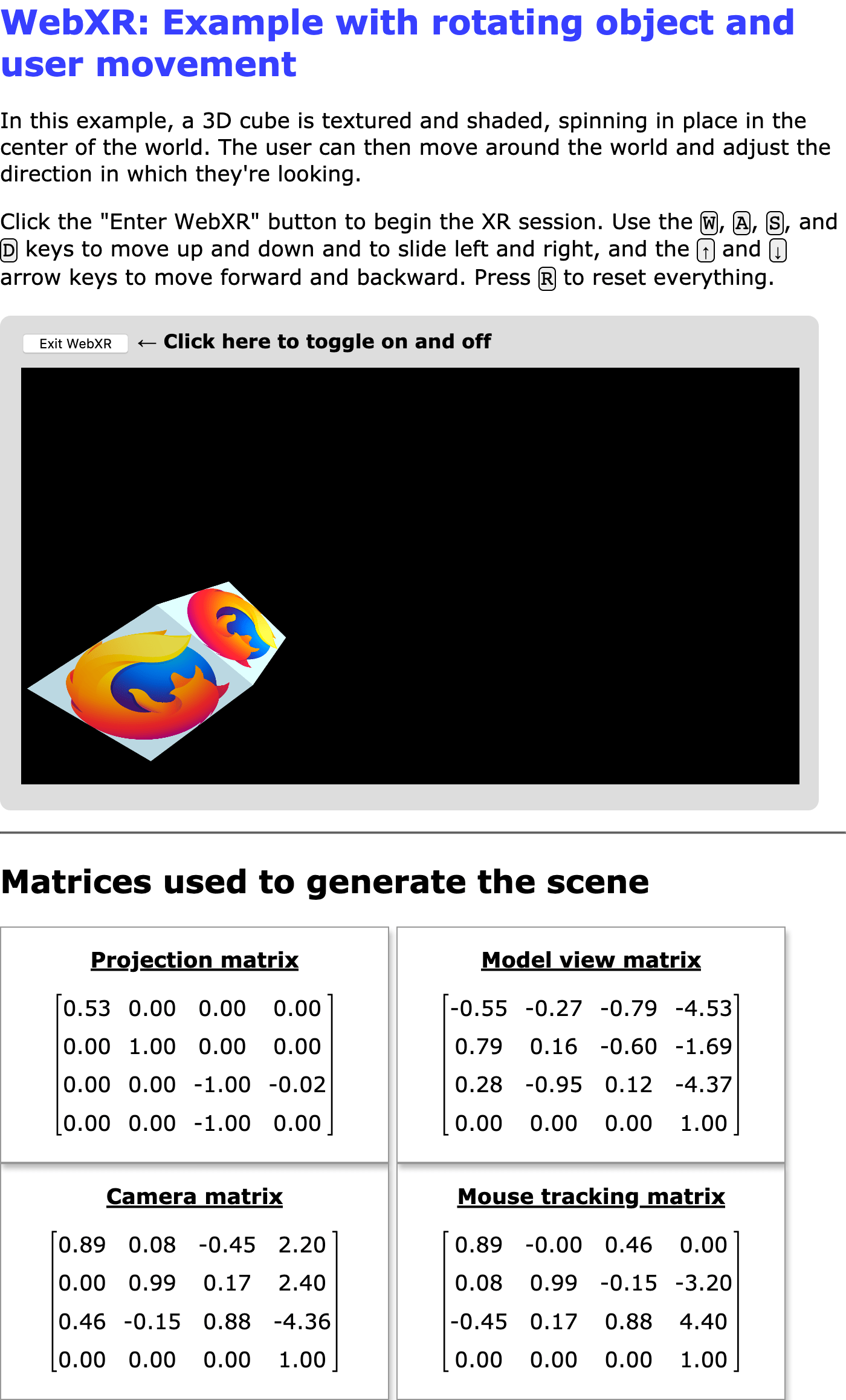示例截圖，顯示一個紋理立方體，使用者可以圍繞它移動