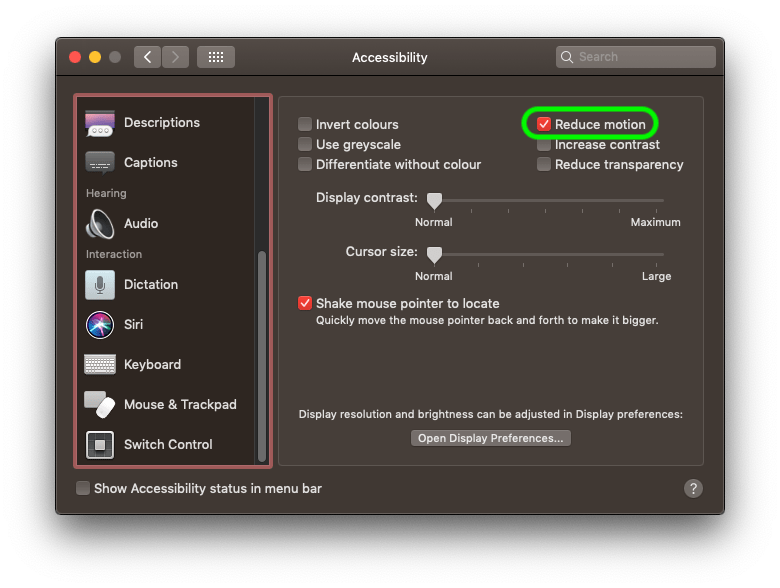 螢幕截圖顯示如何在 MAC OS 上減少動態效果